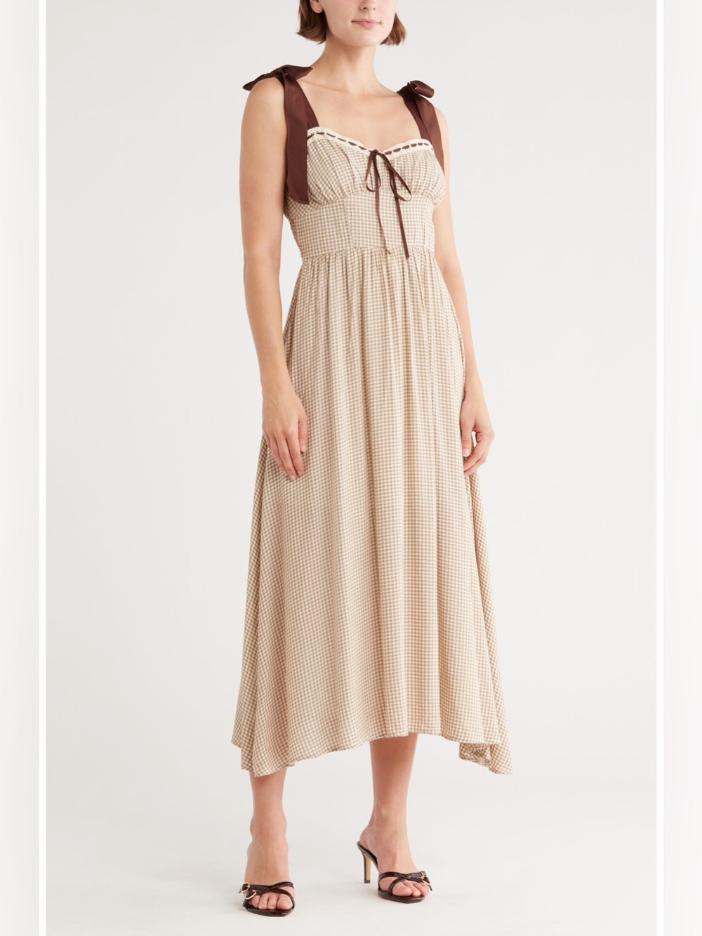 Blu Pepper Cream Gingham Midi Dress with Brown Tie Straps